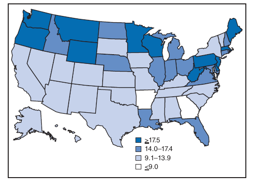 Distribution of asbestos mesothelioma deaths across the US