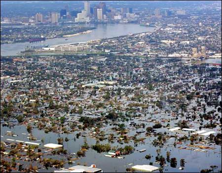 Aerial view of extensive Katrina devastation
